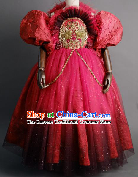 Traditional Chinese Catwalks Chorus Red Feather Qipao Dress Compere Stage Performance Costume for Kids