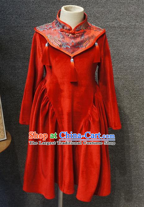 Traditional Chinese New Year Red Qipao Dress Catwalks Compere Stage Show Costume for Kids