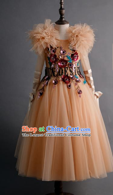 Top Children Compere Embroidered Apricot Full Dress Catwalks Stage Show Dance Costume for Kids