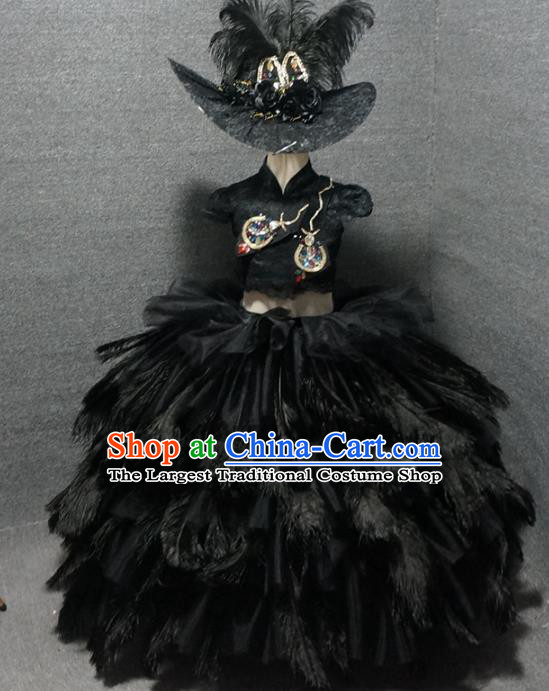 Top Children Piano Recital Black Feather Full Dress Catwalks Princess Stage Show Birthday Costume for Kids