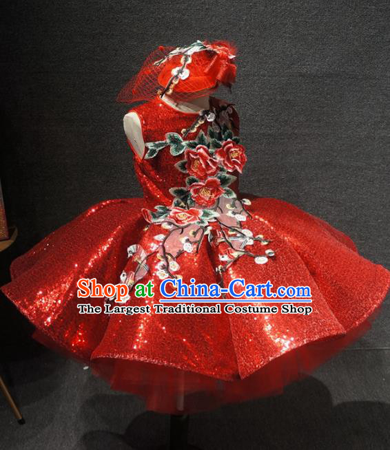 Top Children Day Dance Performance Embroidered Flowers Red Dress Catwalks Stage Show Birthday Costume for Kids