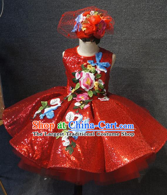 Top Children Day Dance Performance Embroidered Flower Bird Red Dress Catwalks Stage Show Birthday Costume for Kids