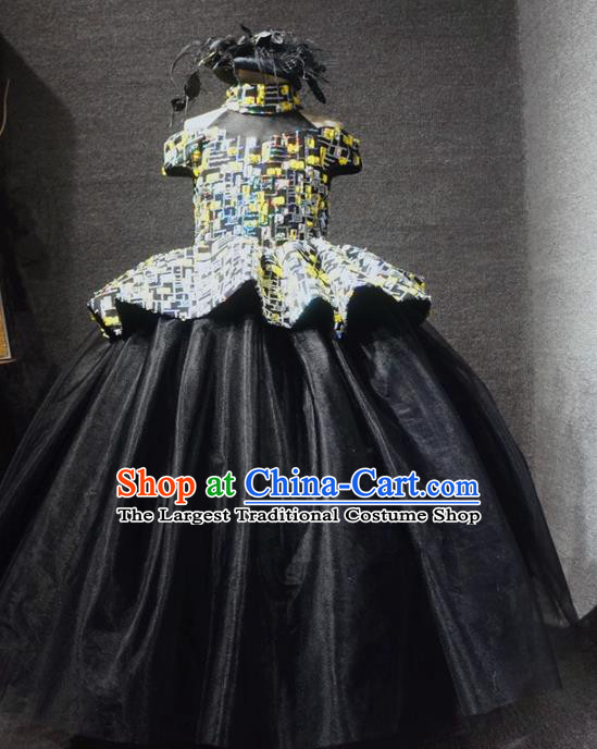 Top Children Day Dance Performance Black Full Dress Catwalks Stage Show Birthday Costume for Kids