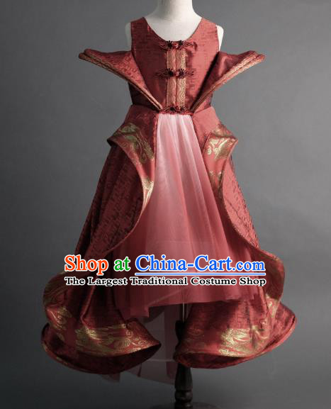 Traditional Chinese Catwalks Red Tang Suit Dress Compere Stage Performance Costume for Kids