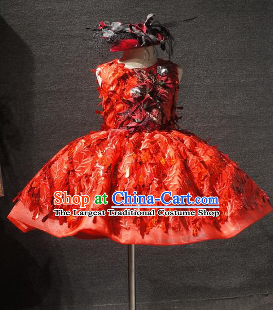 Top Children Kindergarten Performance Red Sequins Short Dress Catwalks Stage Show Birthday Costume for Kids