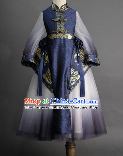 Traditional Chinese Catwalks Tang Suit Navy Dress Compere Stage Performance Costume for Kids