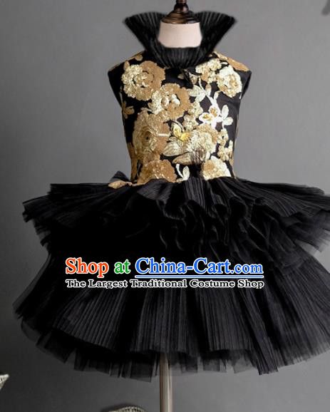 Top Children Fairy Princess Embroidered Black Veil Short Full Dress Compere Catwalks Stage Show Dance Costume for Kids