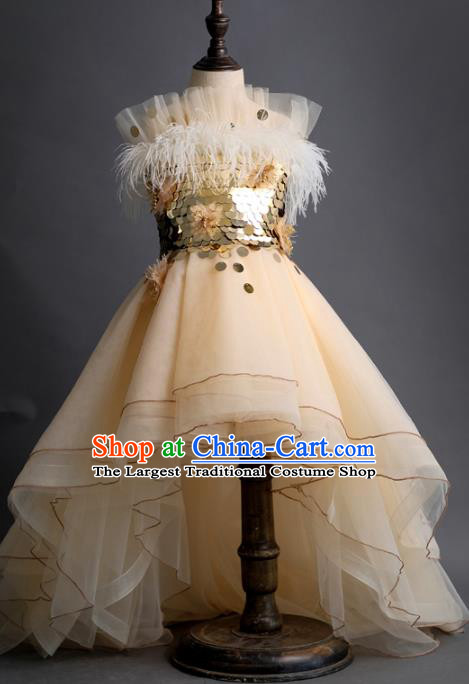 Top Children Fairy Princess Sequins Apricot Full Dress Compere Catwalks Stage Show Dance Costume for Kids