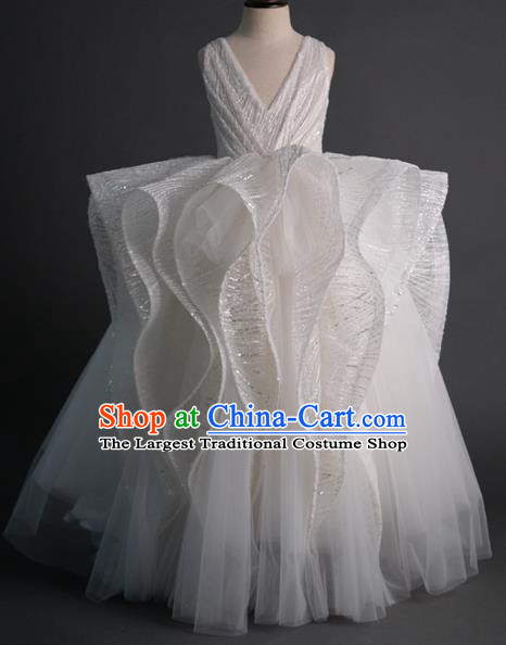 Top Children Flowers Fairy White Veil Trailing Full Dress Compere Catwalks Stage Show Dance Costume for Kids