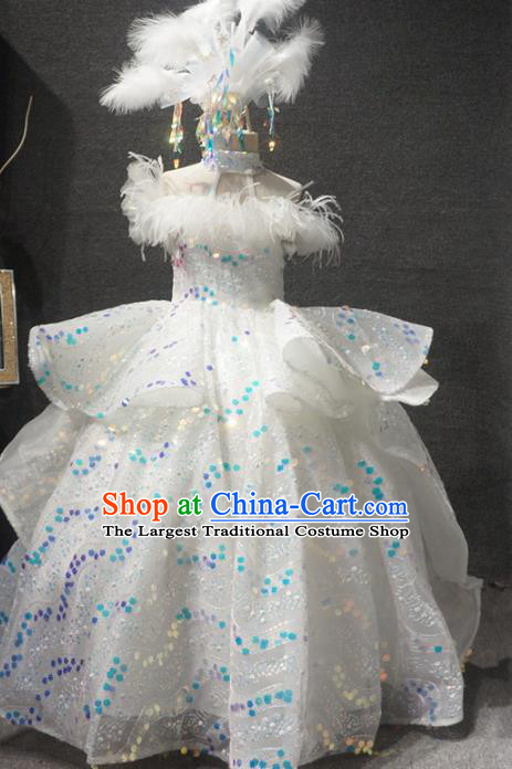 Top Children Piano Recital White Full Dress Catwalks Stage Show Birthday Costume for Kids