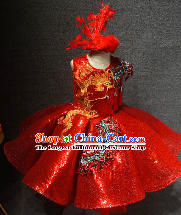 Traditional Chinese Compere Embroidered Dragon Red Full Dress Catwalks Stage Show Costume for Kids