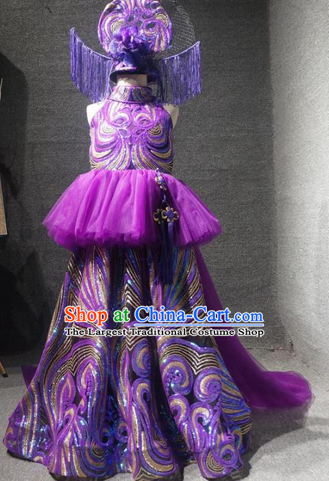 Traditional Chinese Performance Purple Qipao Dress Catwalks Compere Stage Show Costume for Kids