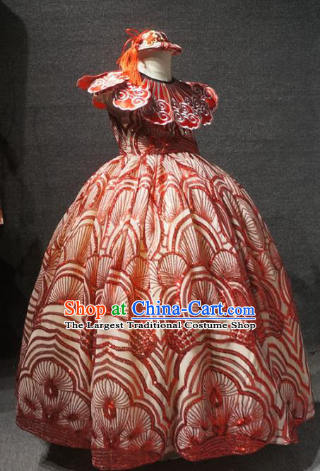 Traditional Chinese Catwalks Performance Red Dress Compere Stage Show Costume for Kids