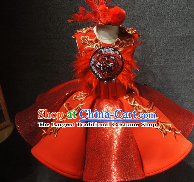 Traditional Chinese Compere Embroidered Red Short Dress Catwalks Stage Show Costume for Kids