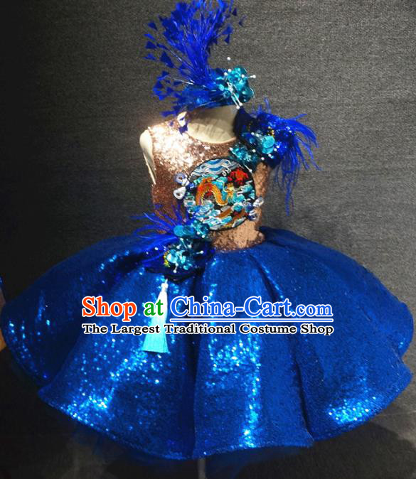 Traditional Chinese Compere Embroidered Royalblue Short Dress Catwalks Stage Show Costume for Kids