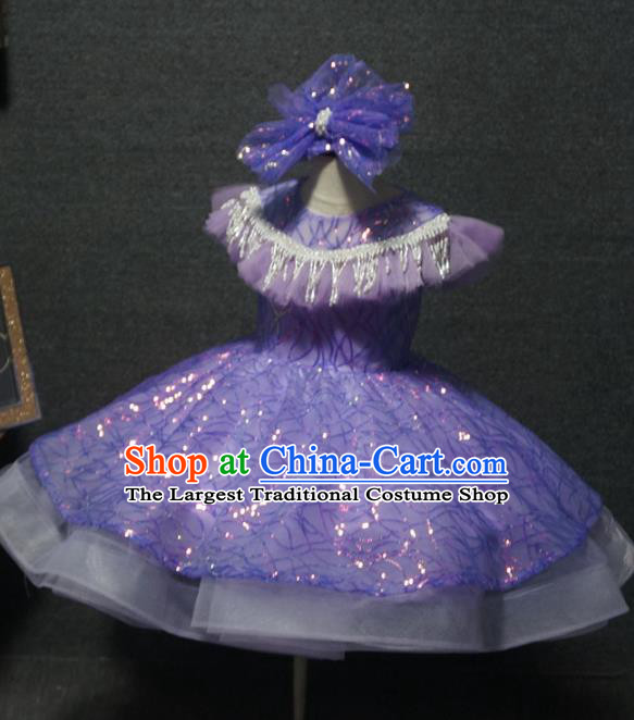 Top Children Dance Purple Short Paillette Dress Catwalks Princess Stage Show Birthday Costume for Kids