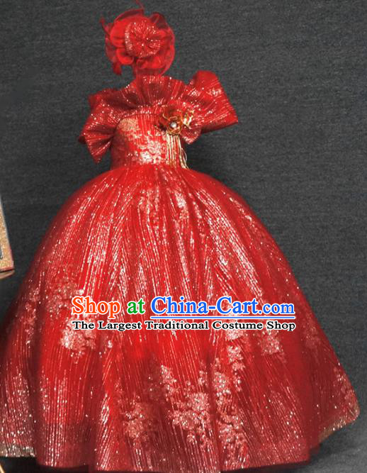 Top Children Party Red Full Dress Catwalks Princess Stage Show Birthday Costume for Kids