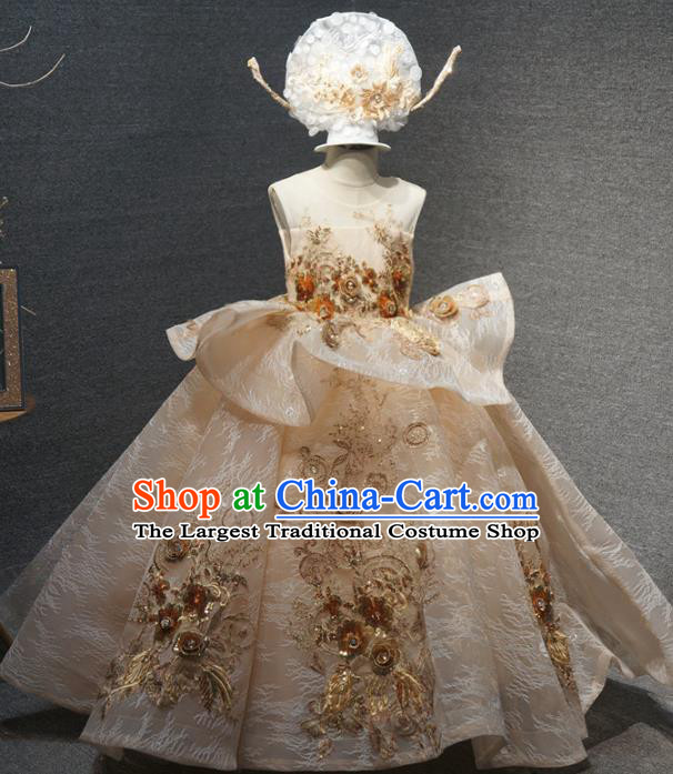 Top Children Piano Recital Champagne Full Dress Catwalks Princess Stage Show Birthday Costume for Kids