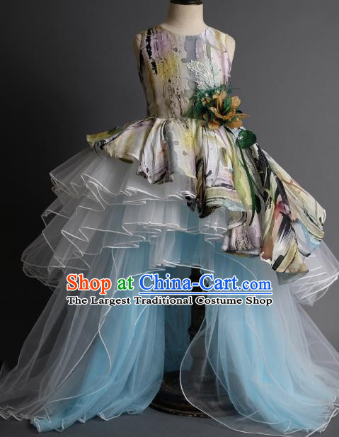 Top Children Fairy Princess Printing Blue Veil Trailing Full Dress Compere Catwalks Stage Show Dance Costume for Kids