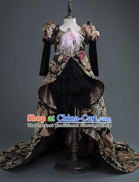 Top Children Cosplay Queen Black Embroidered Full Dress Compere Catwalks Stage Show Dance Costume for Kids