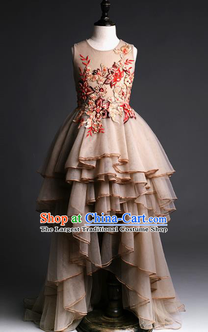 Top Children Modern Dance Brown Trailing Dress Compere Catwalks Stage Show Costume for Kids