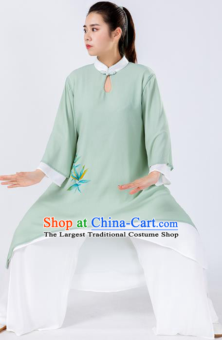 Traditional Chinese Hand Painting Bamboo Green Tai Chi Suit Martial Arts Stage Performance Costumes for Women