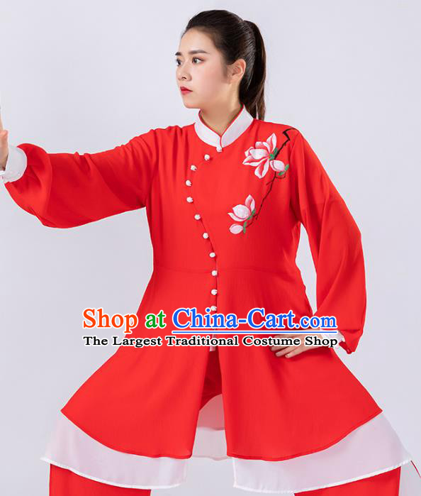 Traditional Chinese Tai Chi Hand Painting Mangnolia Red Suits Martial Arts Stage Performance Costumes for Women