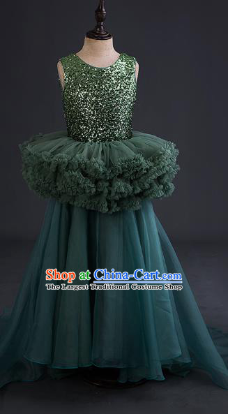 Top Children Cosplay Princess Deep Green Full Dress Compere Catwalks Stage Show Dance Costume for Kids