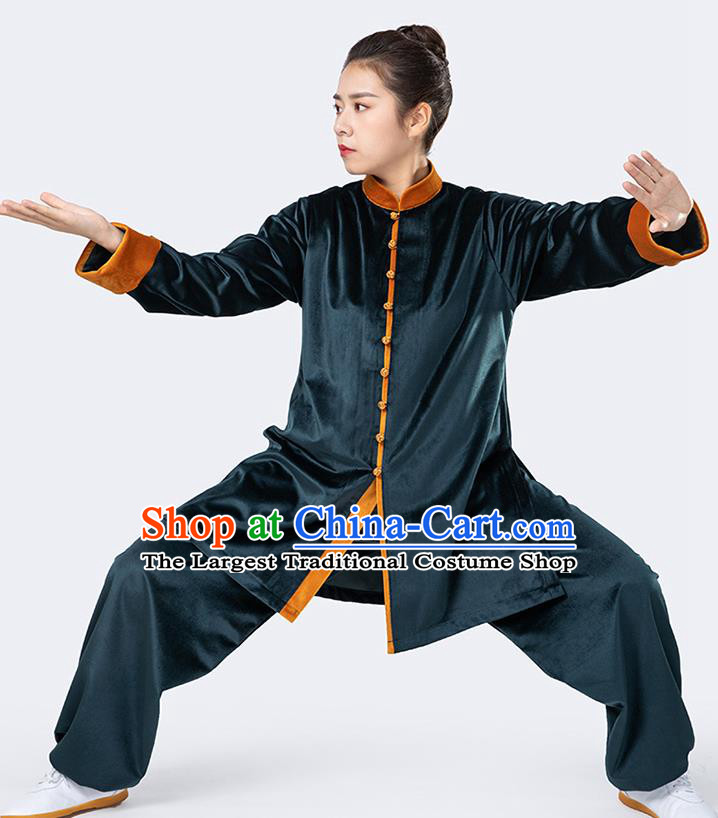 Traditional Chinese Tai Chi Atrovirens Velvet Outfits Martial Arts Stage Performance Costumes for Women