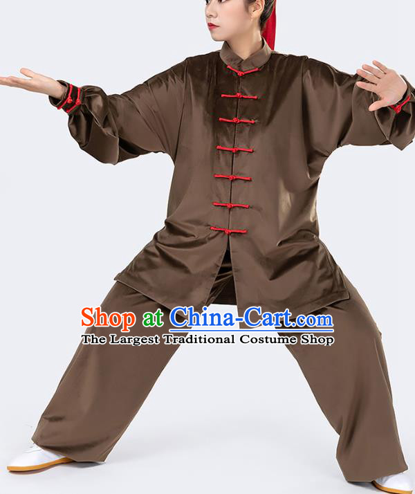 Traditional Chinese Tai Chi Competition Deep Brown Velvet Outfits Martial Arts Stage Performance Costumes for Women