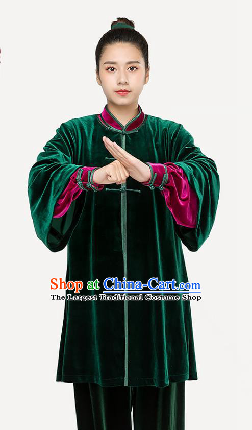 Traditional Chinese Tai Chi Competition Green Pleuche Outfits Martial Arts Stage Performance Costumes for Women