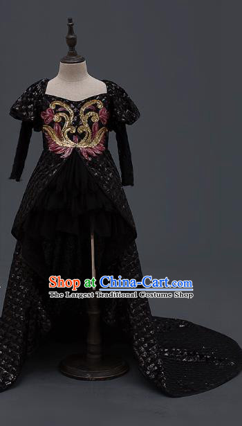 Top Children Cosplay Princess Black Trailing Full Dress Compere Catwalks Stage Show Dance Costume for Kids