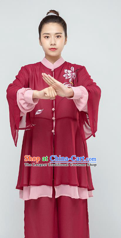 Top Tai Chi Kung Fu Hand Painting Mangnolia Wine Red Outfits Chinese Traditional Martial Arts Stage Performance Costumes for Women