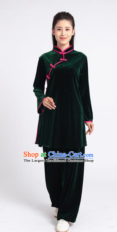 Top Tai Chi Kung Fu Competition Deep Green Pleuche Outfits Chinese Traditional Martial Arts Costumes for Women