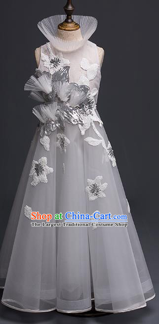 Top Children Cosplay Princess Grey Veil Long Dress Compere Catwalks Stage Show Dance Costume for Kids