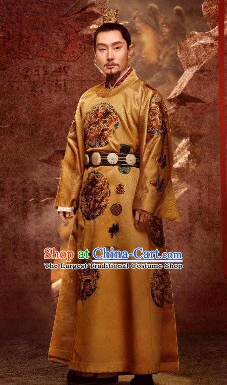 Chinese Ancient Ming Dynasty Jingtai Emperor Imperial Robe Drama Empress of the Ming Zhu Qiyu Replica Costumes and Headpiece for Men