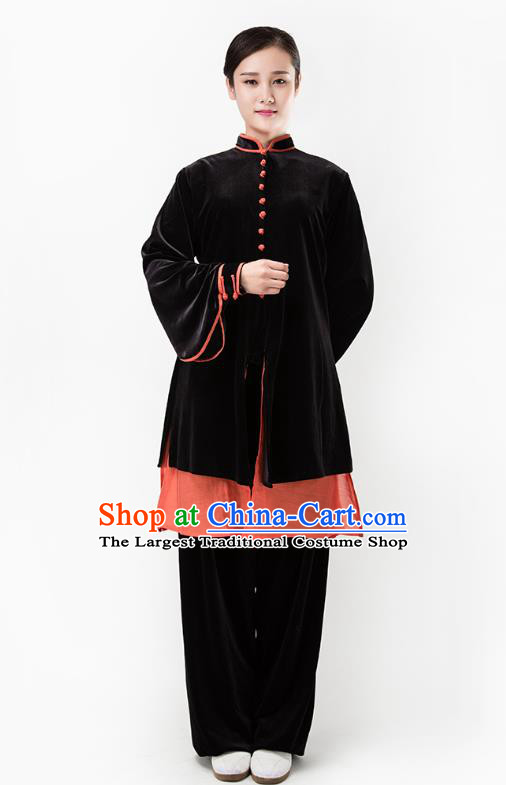 Top Chinese Martial Arts Black Pleuche Outfits Traditional Tai Chi Kung Fu Training Costumes for Women