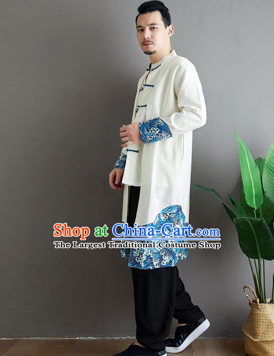 Top Chinese Tang Suit White Flax Coat Traditional Tai Chi Kung Fu Costume for Men