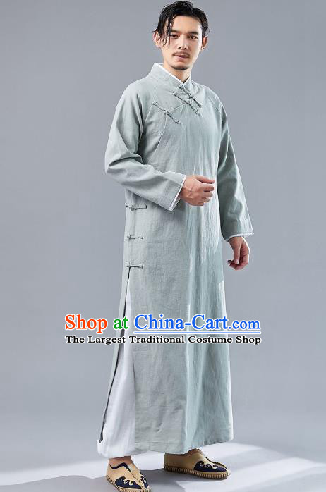 Top Chinese Tang Suit Light Green Flax Robe Traditional Republic of China Kung Fu Costumes for Men