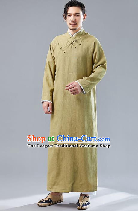 Top Chinese Tang Suit Ginger Flax Robe Traditional Republic of China Kung Fu Costumes for Men