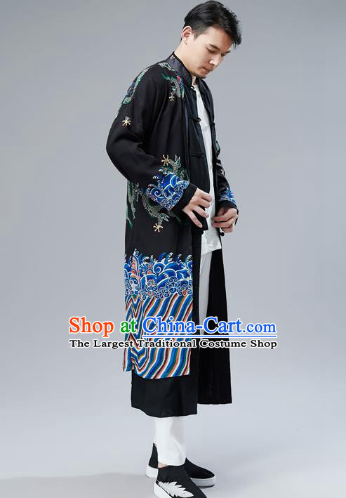 Top Chinese Tang Suit Printing Dragon Black Gown Traditional Republic of China Kung Fu Overcoat Costumes for Men