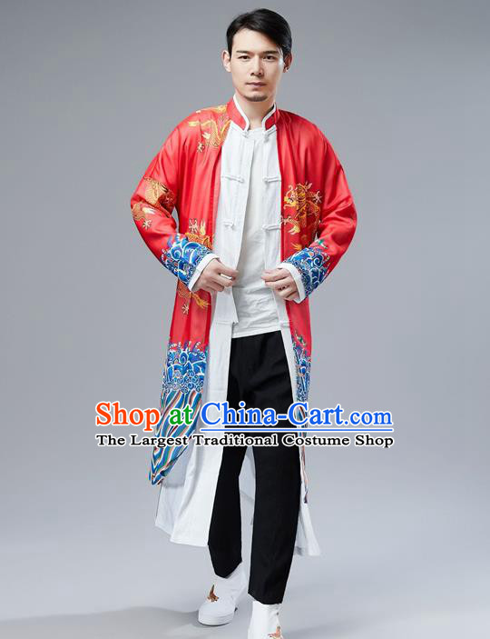 Top Chinese Tang Suit Printing Dragon Red Gown Traditional Republic of China Kung Fu Overcoat Costumes for Men