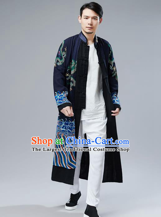 Top Chinese Tang Suit Printing Dragon Navy Gown Traditional Republic of China Kung Fu Overcoat Costumes for Men