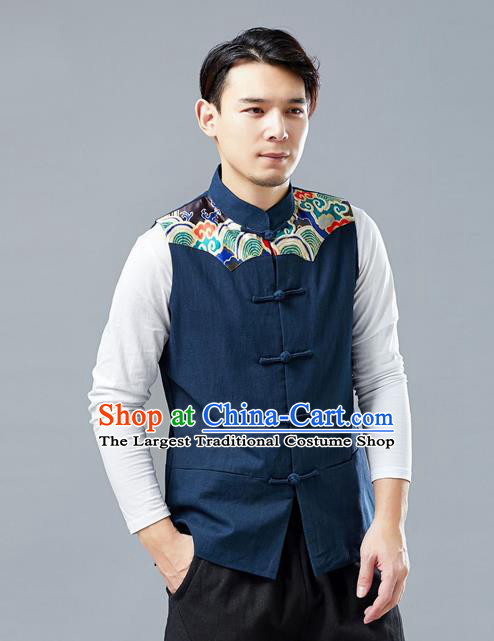 Chinese Tang Suit Printing Navy Vest Traditional Tai Chi Kung Fu Waistcoat Upper Outer Garment Costume for Men