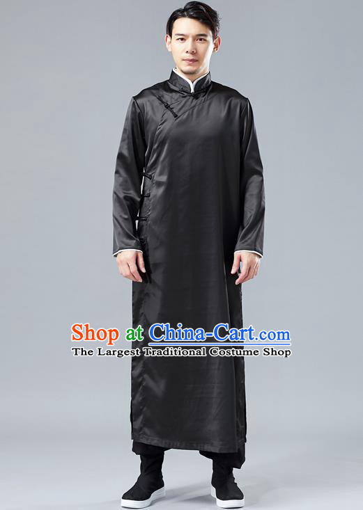 Top Chinese Tang Suit Black Silk Robe Traditional Republic of China Kung Fu Gown Costumes for Men