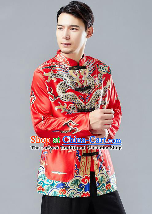 Top Chinese Tang Suit Printing Red Coat Traditional Tai Chi Kung Fu Overcoat Costume for Men