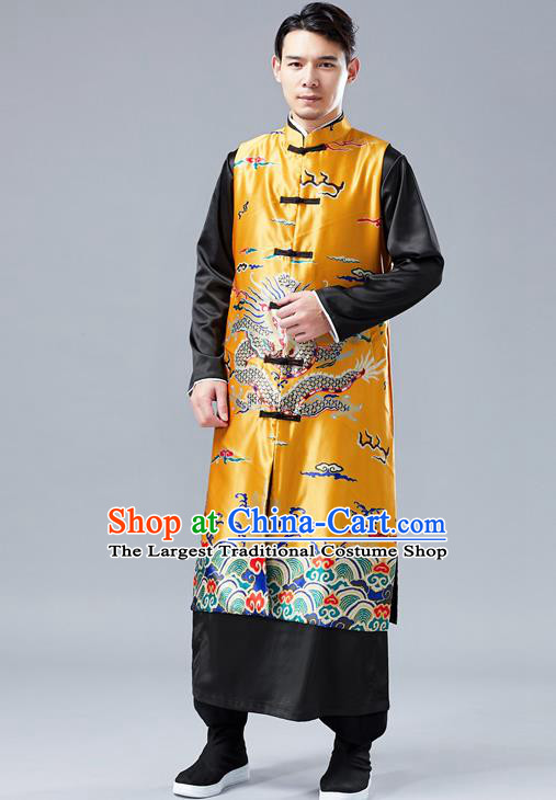 Chinese Tang Suit Printing Dragon Yellow Long Vest Traditional Tai Chi Kung Fu Overcoat Upper Outer Garment Costume for Men