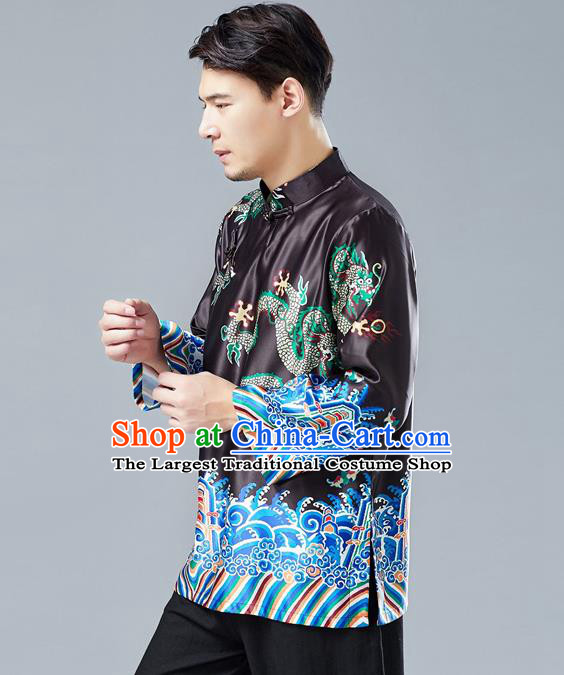 Top Chinese Tang Suit Printing Dragon Black Jacket Traditional Tai Chi Kung Fu Overcoat Costume for Men