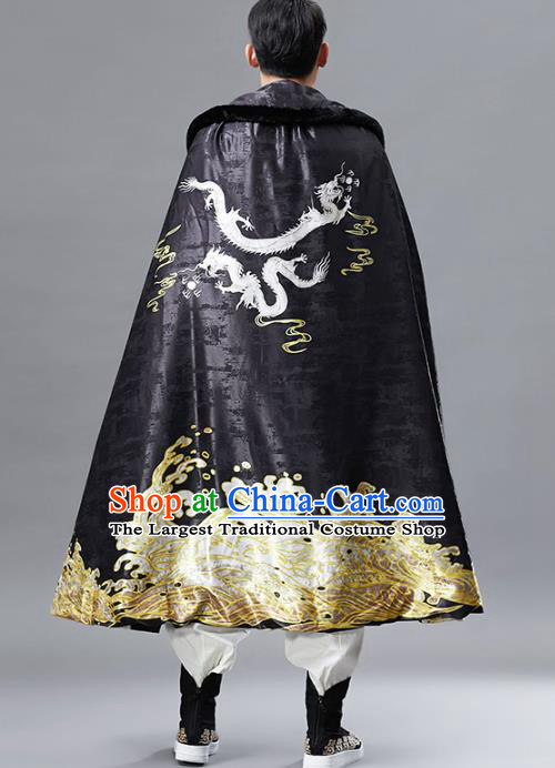 Top Chinese Tang Suit Printing Dragon Black Cloak Traditional Tai Chi Kung Fu Cape Costume for Men