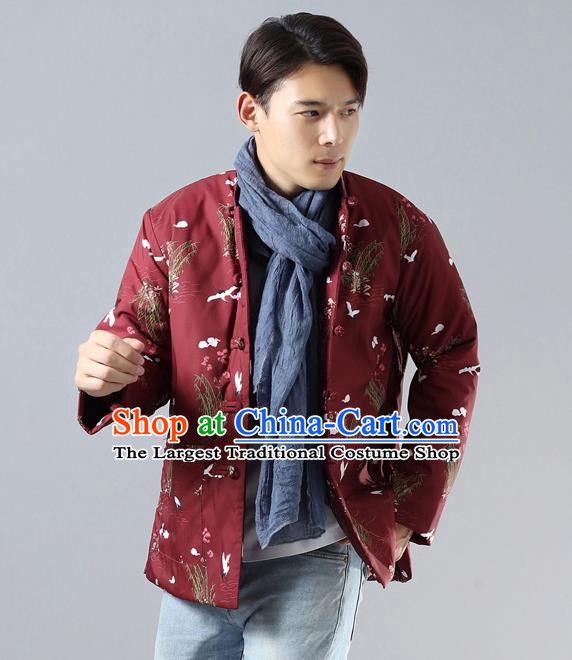 Top Chinese Tang Suit Red Cotton Padded Jacket Traditional Tai Chi Kung Fu Coat Costume for Men